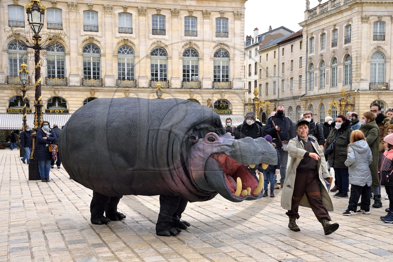 France, Meurthe-et-Moselle (54), Nancy, place Stanislas (ancienne Place Royale) lors de la fête de la Saint-Nicolas, classée Patrimoine Mondial de l'UNESCO, Nellie the Hippo de la compagnie Teatro Pavana fait le spectacle