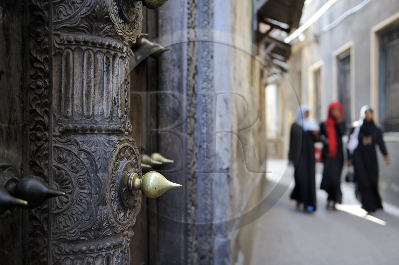 Tanzanie, archipel de Zanzibar, île de Unguja (Zanzibar), ville de Zanzibar, quartier Stone Town, classé Patrimoine Mondial de l' UNESCO, une porte de type indienne de la vieille ville dans le quartier de Shangani
