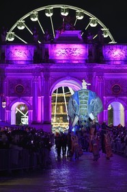 France, Meurthe-et-Moselle, Nancy, place Stanislas, the parade of Saint-Nicolas, Elephantasia and its dancers from the company Planète Vapeur in front of the Arc de Triomphe (Porte Héré)