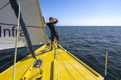 France, Vendee, Les Sables d'Olonne, skipper Manuel Cousin training on his 60-foot monohull sailboat IMOCA Coup de Pouce