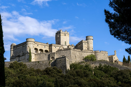 France, Vaucluse, Dentelles de Montmirail mountains, Le Barroux, the Barroux castle emerging from the forest in the background