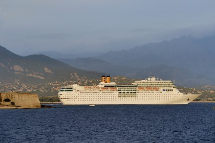 France, Corse du Sud, Ajaccio, the Citadel and cruise ship leaving the port