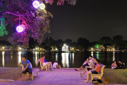 Vietnam, Hanoi, old town, Hoan Kiem Lake also called the small lake or Lake of the Restored Sword, the Turtle tower (Thap Rua)