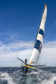 France, Vendee, Les Sables d'Olonne, skipper Manuel Cousin training on his 60-foot monohull sailboat IMOCA Coup de Pouce