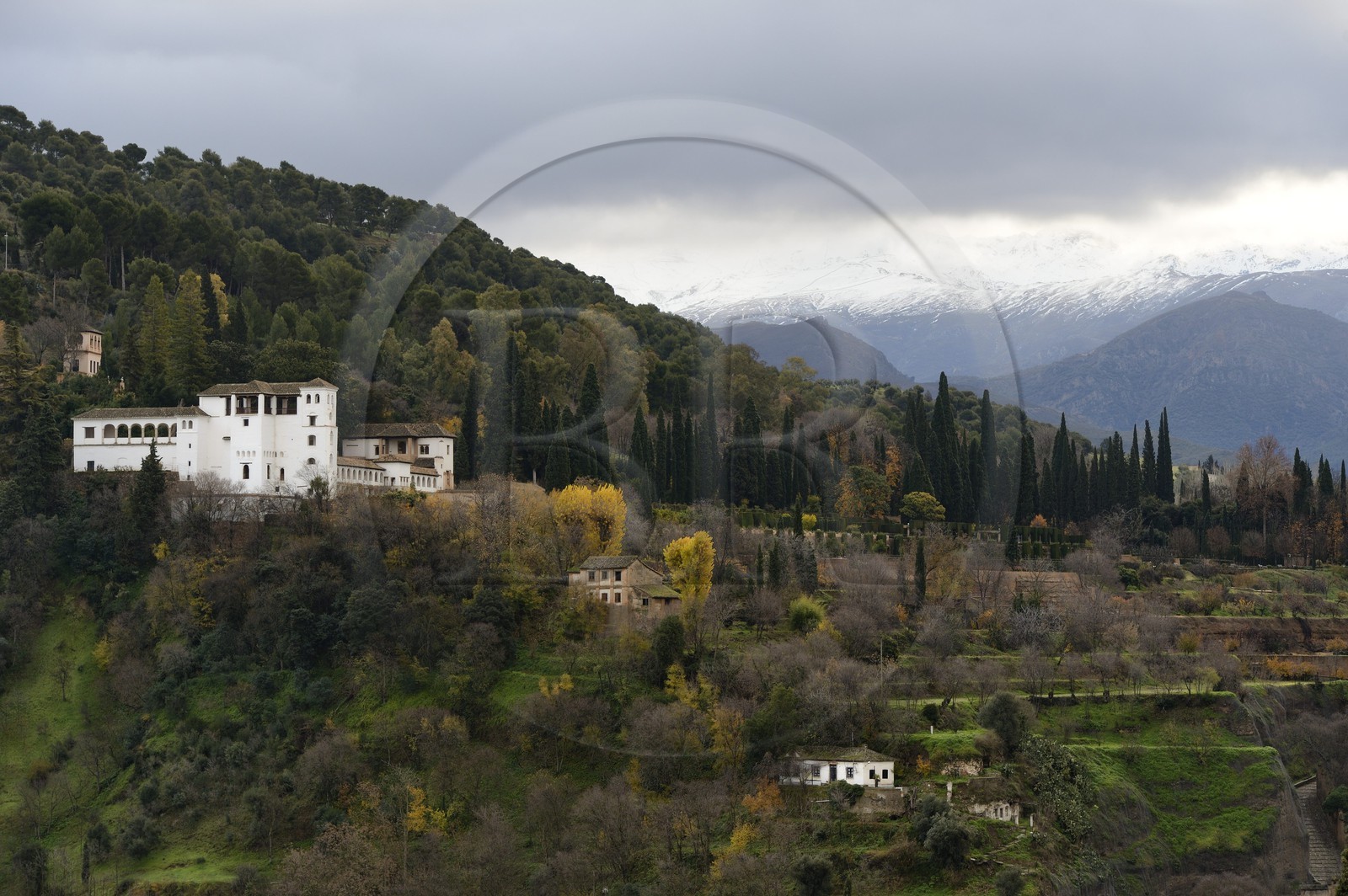 Espagne, Andalousie, Grenade, Generalife de l'Alhambra, classé Patrimoine Mondial de l'UNESCO, et les montagnes de la Sierra Nevada