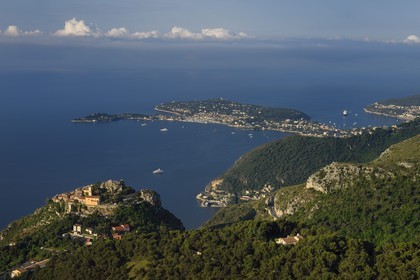 France, Alpes-Maritimes, the hilltop village of Eze, Saint-Jean-Cap-Ferrat in the background