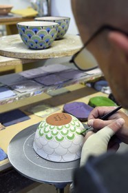 France, Alpes de Haute Provence, Parc Naturel Régional du Verdon, village of Moustiers Sainte Marie, labelled Les Plus Beaux Villages de France (The Most Beautiful Villages of France), city of ceramics, Stephane Maitral decorator-ceramist at the ceramics Serrailler