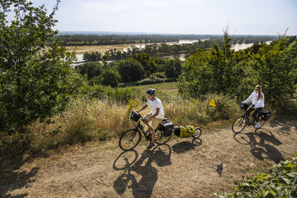 France, Maine-et-Loire (49), vallée de la Loire classée au Patrimoine Mondial par l'UNESCO, Saumur vers Saint-Hilaire, Camping Huttopia Saumur, randonnée à bicyclette sur les berges de la Loire, vélo avec une remorque transportant le matériel de camping