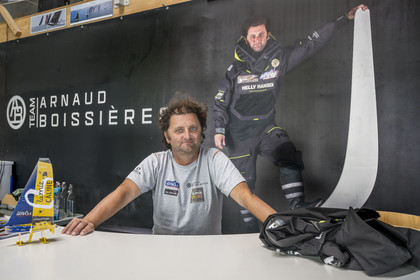 France, Vendee, Les Sables d'Olonne, Port Olona, Vendée Globe sailboat pontoon, le skipper Arnaud Boissière du voilier monocoque de 60 pieds IMOCA La Mie Caline