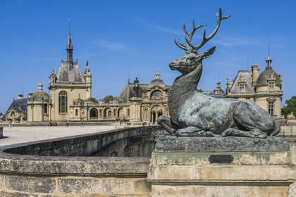 France, Oise, Chantilly, the castle of Chantilly and the Condé museum, terrace of the Constable, seated deer work of the sculptor Auguste Cain