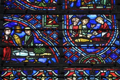 France, Seine Maritime, Rouen, Notre Dame of Rouen Cathedral, detail of the stained glass window of Saint Julian the Hospitaller offered by the guild of fishmongers that inspired Flaubert