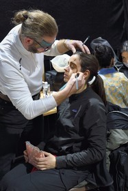 France, Meurthe-et-Moselle, Nancy, preparations for the parade of Saint-Nicolas place Carnot, make-up session for the Company Remue Ménage