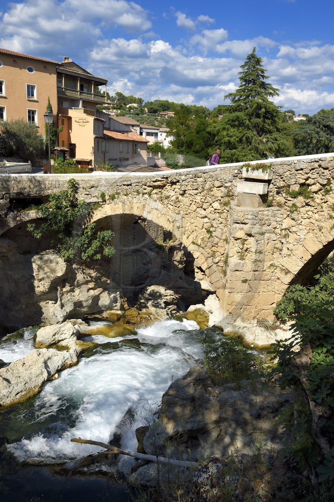 France, Var, Trans-en-Provence near Draguignan, waterfalls and bridge over the Nartuby river