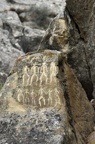 Azerbaijan, Gobustan, Gobustan National Park, Gobustan Rock Art Cultural Landscape, group of dancers from the Neolithic period (6000 BC)