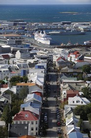 Iceland, Reykjavik, the Skolavordustigur street in the old town which leads to the port