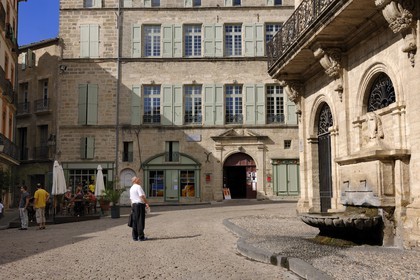 France, Herault, Pezenas, fountain of the Hotel des Consuls place Gambetta now home for arts and crafts on the right and Hotel Flottes de Sébasan at the back
