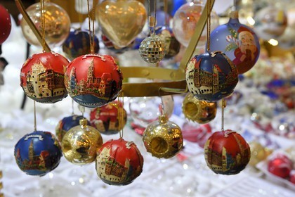 France, Bas Rhin, Strasbourg, old town listed as World Heritage by UNESCO, Christmas market (Christkindelsmarik) on the place Broglie, Christmas bauble