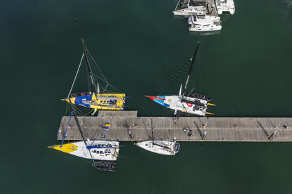 France, Vendee, Les Sables d'Olonne, Port Olona, Vendée Globe sailboat pontoon, 60-foot IMOCA monohull sailboats at the docks (aerial view)