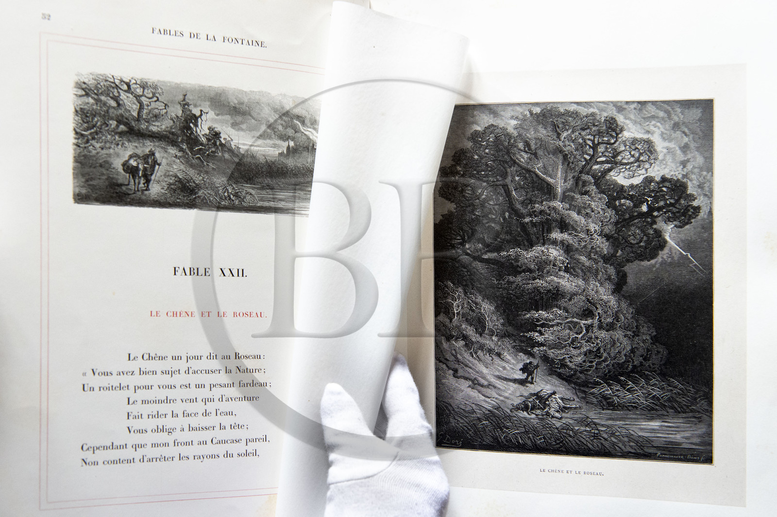 France, Aisne (02), Château-Thierry, Musée Jean de La Fontaine - Ville de Chateau-Thierry, livre des Fables de La Fontaine, L. Hachette et Cie, édition illustrée (1867) par le dessinateur et graveur Gustave Doré, le Chêne et le Roseau fable XXII du livre I
