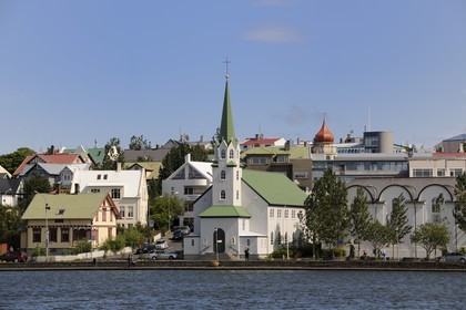 Iceland, Reykjavik, Iceland Frikirkja Free Church at Lake Tjörnin