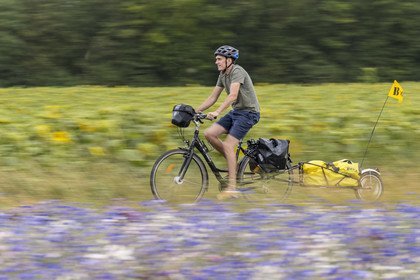 France, Maine-et-Loire, Loire valley listed as World Heritage by UNESCO, Saumur towards Saint-Hilaire, bicycle journey with a trailer carrying camping equipment