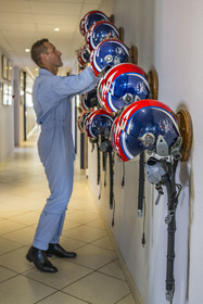 France, Bouches du Rhone, Salon de Provence, air base 701, base of the Patrouille de France (PAF for Patrouille acrobatique de France) of the French Air and Space Force, Captain Cédric Queyranne comes to collect his helmet in the corridor of the Patrouille de France premises