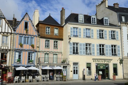 France, Morbihan, Gulf of Morbihan (Golfe du Morbihan), Vannes, Eric Tabarly's dock on the marina and half timbered houses in the background