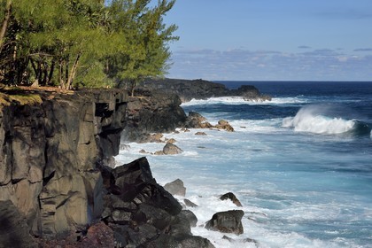 France, Ile de la Reunion, Saint-Philippe, Mare-Longue, roches basaltiques issue d'une coulée de lave en bordure de l'Océan Indien au lieu dit de la Mer Cassée