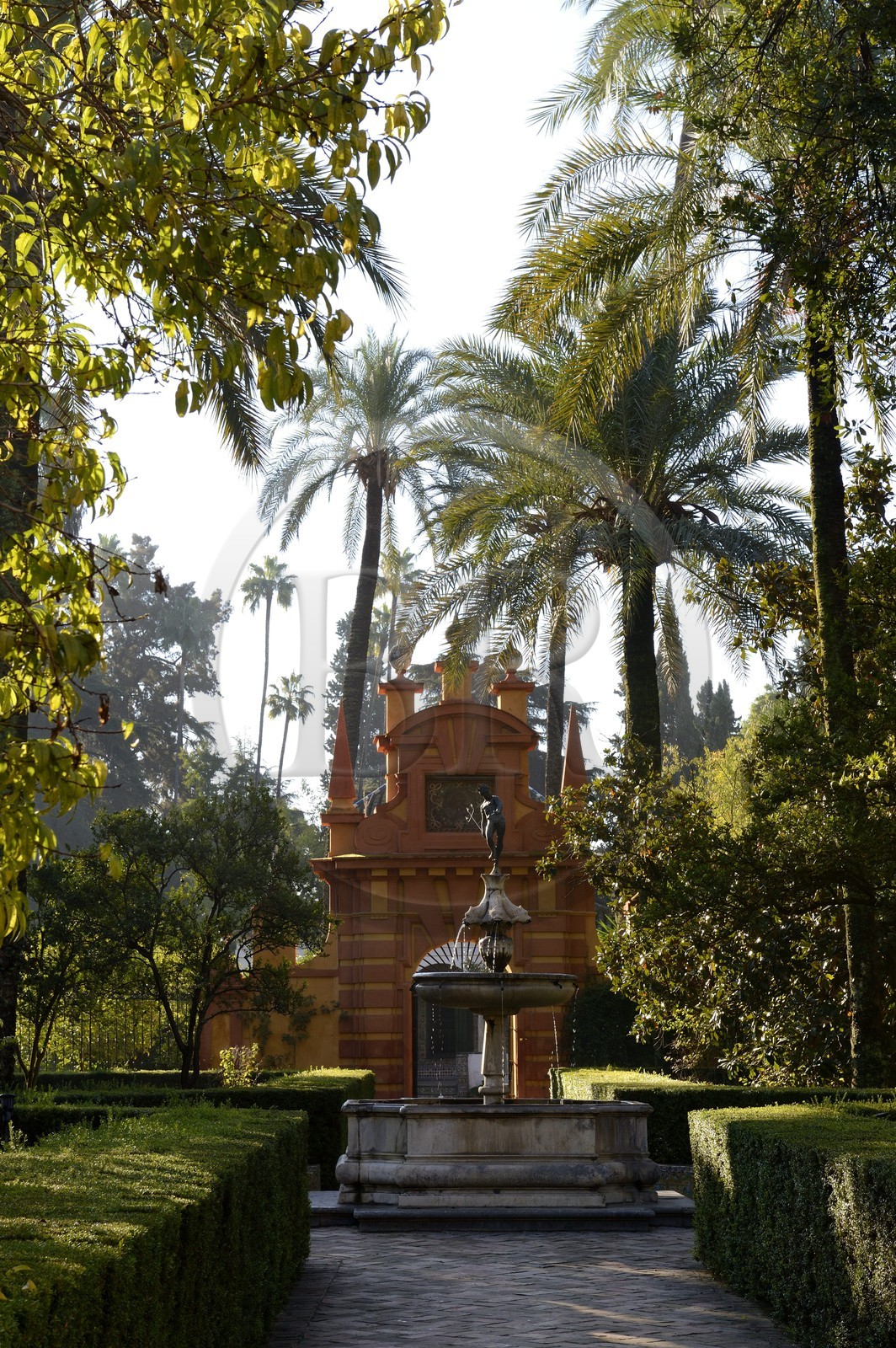 Spain, Andalusia, Seville, the Alcazar of Seville (Reales Alcazares de Sevilla), listed as World Heritage by UNESCO, garden of the Dames (jardin de las Damas), fountain of Neptune