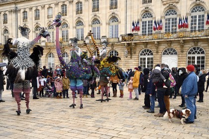France, Meurthe-et-Moselle, Nancy, place Stanislas (former Place Royale) during the feast of Saint-Nicolas, listed as World Heritage by UNESCO, the Struzzi ostriches of the company Teatro Pavana