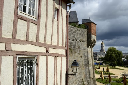 France, Morbihan, Gulf of Morbihan (Golfe du Morbihan), Vannes, ramparts watch tower and Saint Patern church in the background
