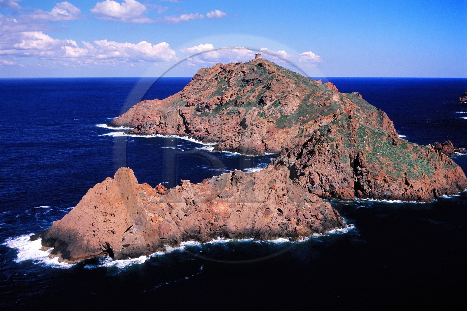 France, Corse-du-Sud (2A), Tour Génoise de l'île Gargalo dans la réserve de Scandola classée Patrimoine Mondial de l'UNESCO (vue aérienne)