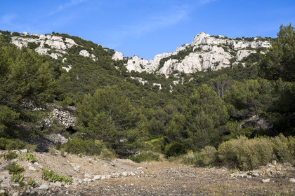 France, Bouches-du-Rhône (13), Marseille, quartier des Goudes, le massif de Marseilleveyre au dessus du vallon de l'Escalette et du village des Goudes, à l'orée des Calanques