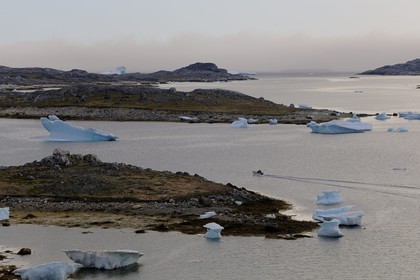 Groenland, fjord de Nanortalik au sud du pays, bateau progressant entre les icebergs