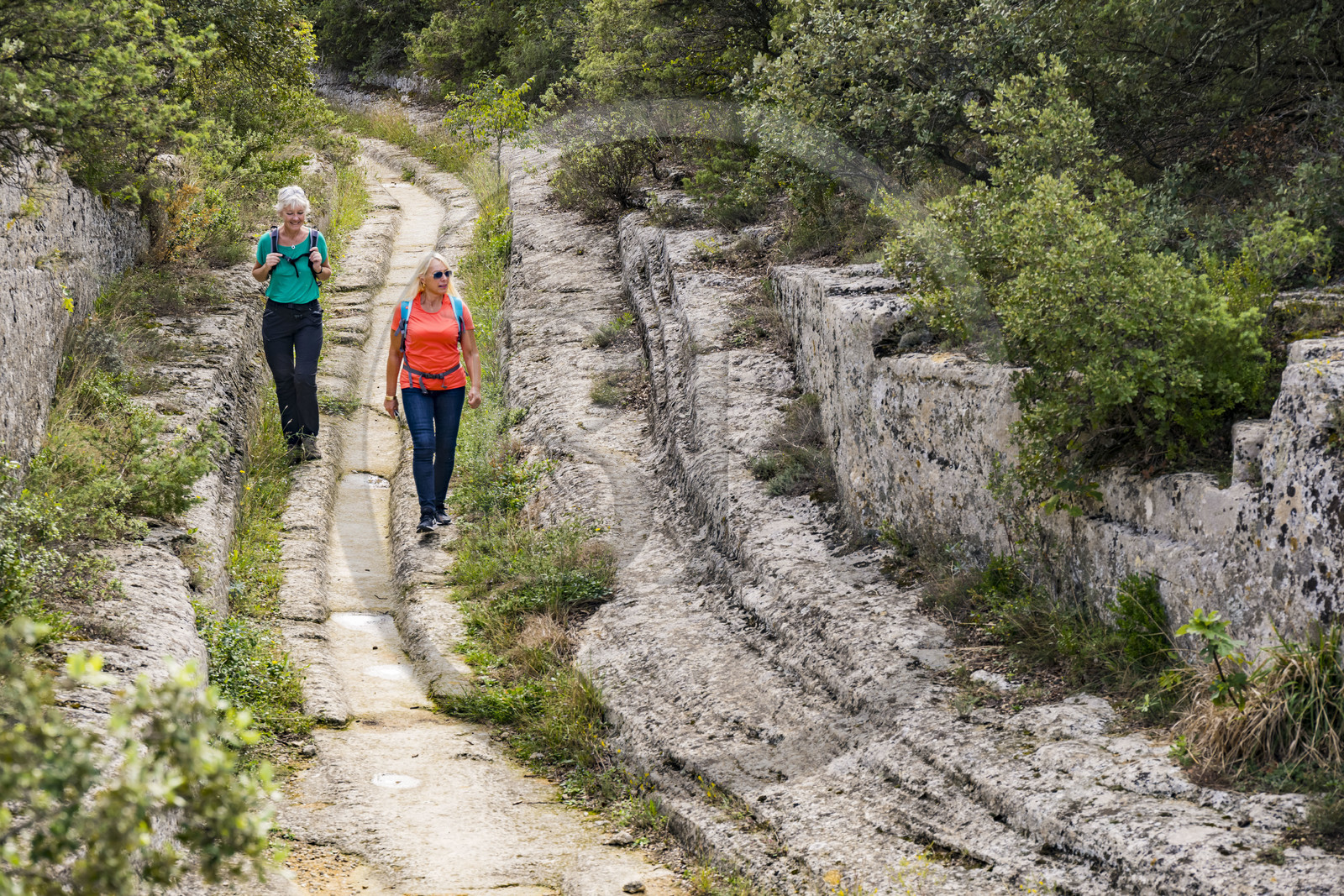 France, Gard (30), Vers-Pont-du-Gard, carrières de pierre sur le tracé de l'aqueduc romain de Nimes, profondes ornières laissées dans la roche du chemin par les roues des chariots qui y ont circulés depuis l'époque romaine