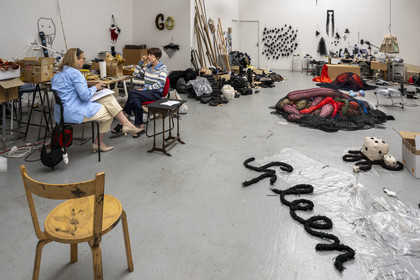 France, Hauts de Seine, Malakoff, the artist Annette Messager in her studio, visit with Doctor of Art History and journalist Caroline Benzaria
