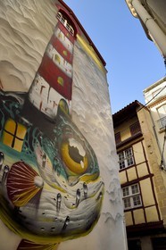 France, Pyrénées-Atlantiques (64), Pays-Basque, Bayonne, quartier Saint-Esprit, fresque du poisson phare de l'artiste Veks van Hillik sur un mur proche de la rue Sainte Catherine, la maison médiévale au 13 rue Sainte Catherine en arrière plan