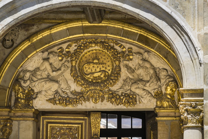 France, Seine-et-Marne, Fontainebleau, castle of Fontainebleau listed as World Heritage by UNESCO, the Golden Gate dating from 1528, the tympanum is decorated with the salamander of Francois I