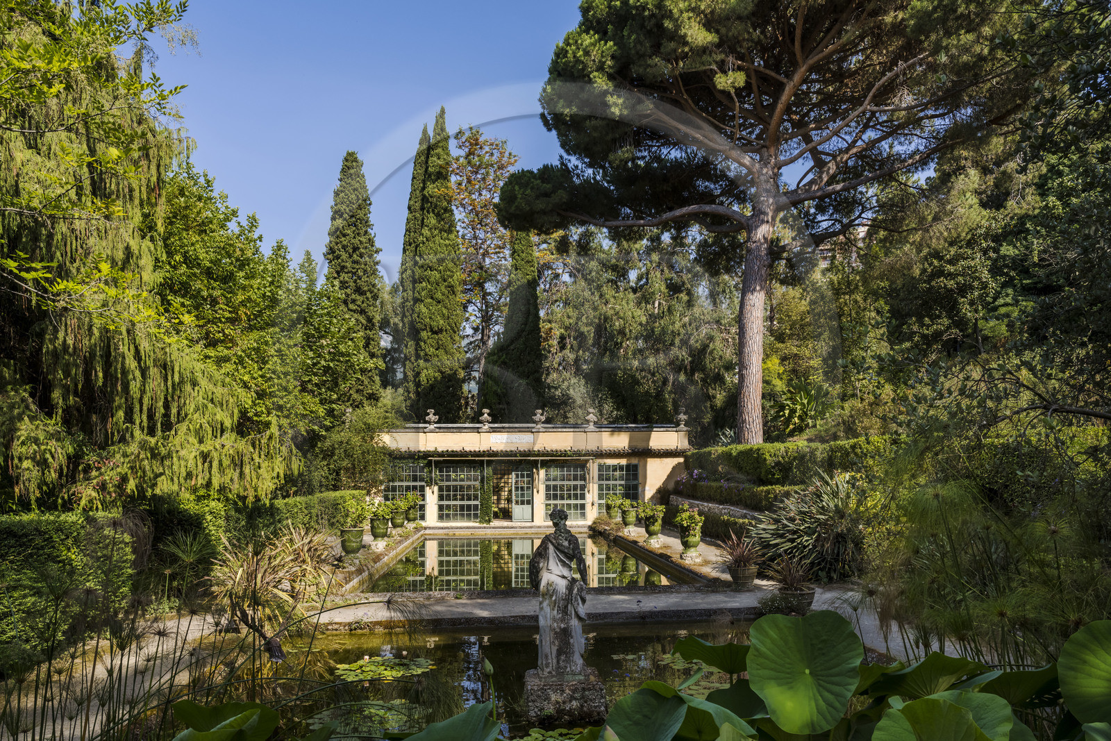 France, Alpes-Maritimes (06), Menton, le jardin Serre de la Madone, le jardin d'eau et la serre France, Alpes-Maritimes, Menton, the garden Serre de la Madone, the greenhouse
