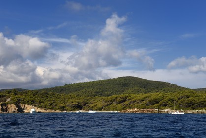 France, Var, Corniche des Maures, Bormes les Mimosas, Pointe du Moulin beach next to the Brégancon Fort