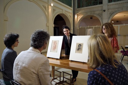 France, Pyrenees Atlantiques, Basque Country, Bayonne, Bonnat-Helleu Museum, Museum of Fine Arts, presentation of Michelangelo's drawing study for the group Adam and Eve of the Sistine Chapel on the left and self-portrait of Bonnat at 17 years old on the right