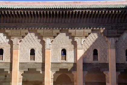 Morocco, High Atlas, Marrakech, Imperial city, Medina listed as World Heritage by UNESCO, Ali Ben Youssef Medersa (Koranic school), arched window with ornamental stucco work