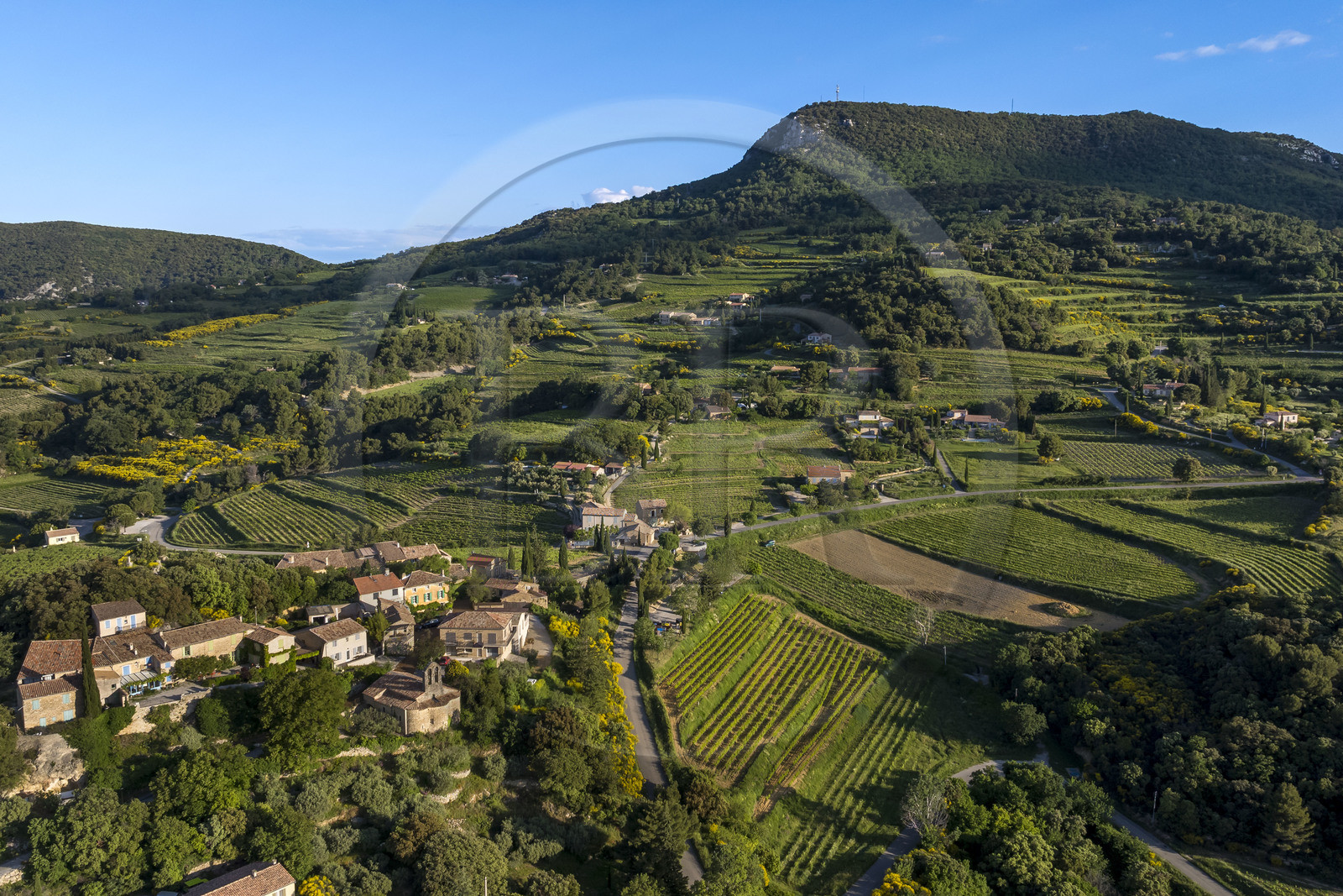 France, Vaucluse (84), Dentelles de Montmirail, le village de Suzette entouré par le vignoble et le sommet de la crète de Saint Amand en arrière plan (vue aérienne)