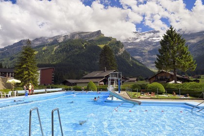 Switzerland, Canton of Vaud, Ormont-Dessus, Les Diablerets outdoor swimming pool