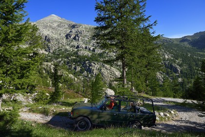 France, Alpes-Maritimes (06), parc national du Mercantour, vallon de la Minière en contrebas de la Vallée des Merveilles, la seule piste d'accés pour les 4x4 autorisés de Pierre Berlière de Mercantour Randonnée, et le Mont Bégo (2872m) en arrière plan