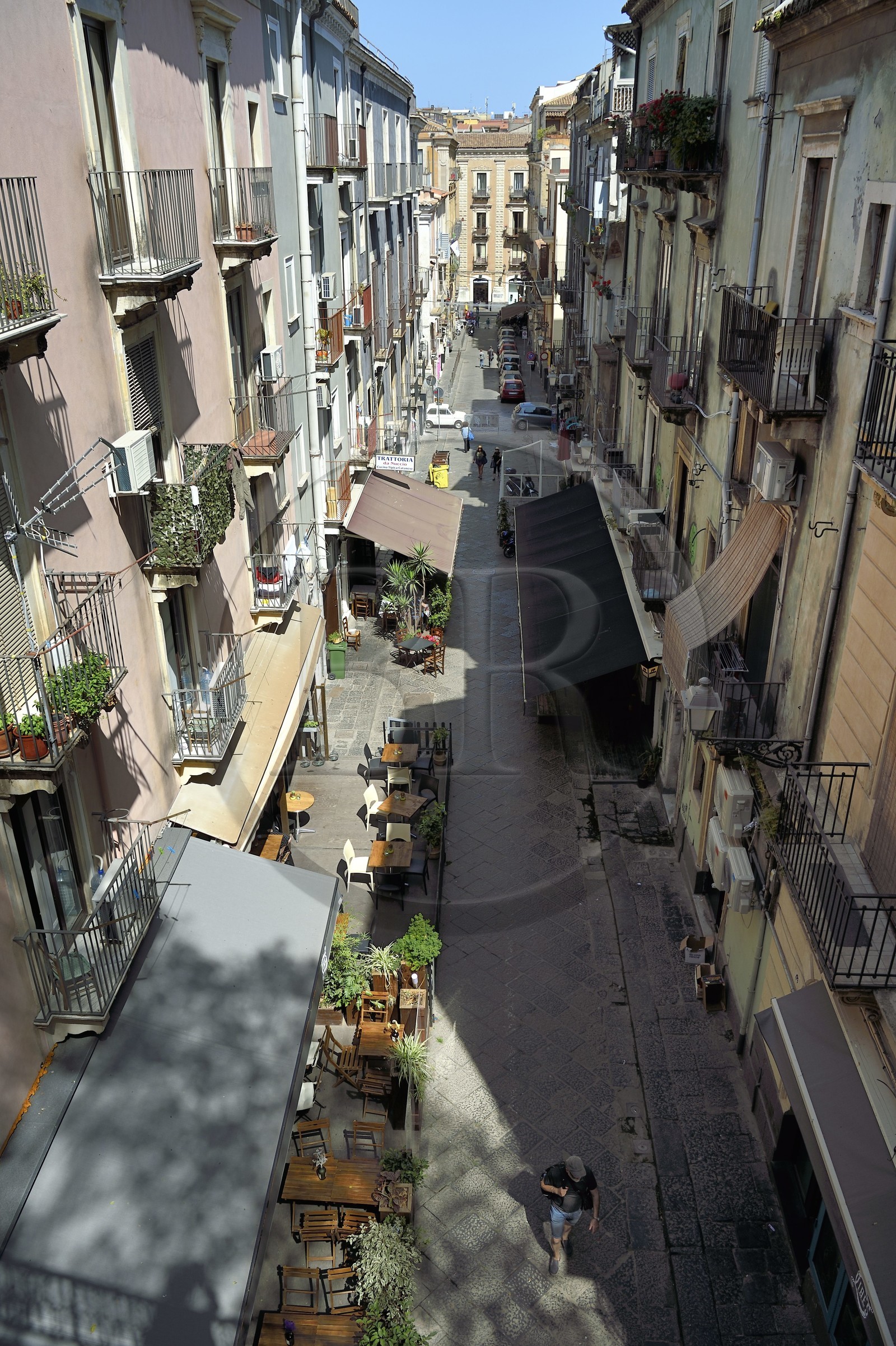 Italy, Sicily, Catania, Baroque city listed as UNESCO World Heritage, restaurants terraces in Via Penninello