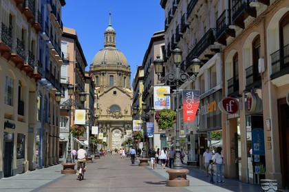 Spain, Aragon, Zaragoza, Calle Alfonso I and the Basilica del Pilar (Our Lady of the Pillar) in the background