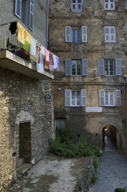 France, Haute Corse, Casinca region in Castagniccia, perched village of Vescovato, curious sign of the past that announced the presence of the Imperial Gendarmerie in this building