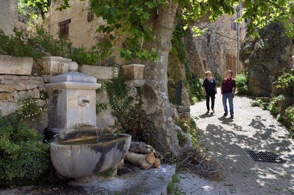 France, Var (83), La Dracénie, village de Tourtour, labellisé Les Plus Beaux Villages de France, fontaine et ruelle