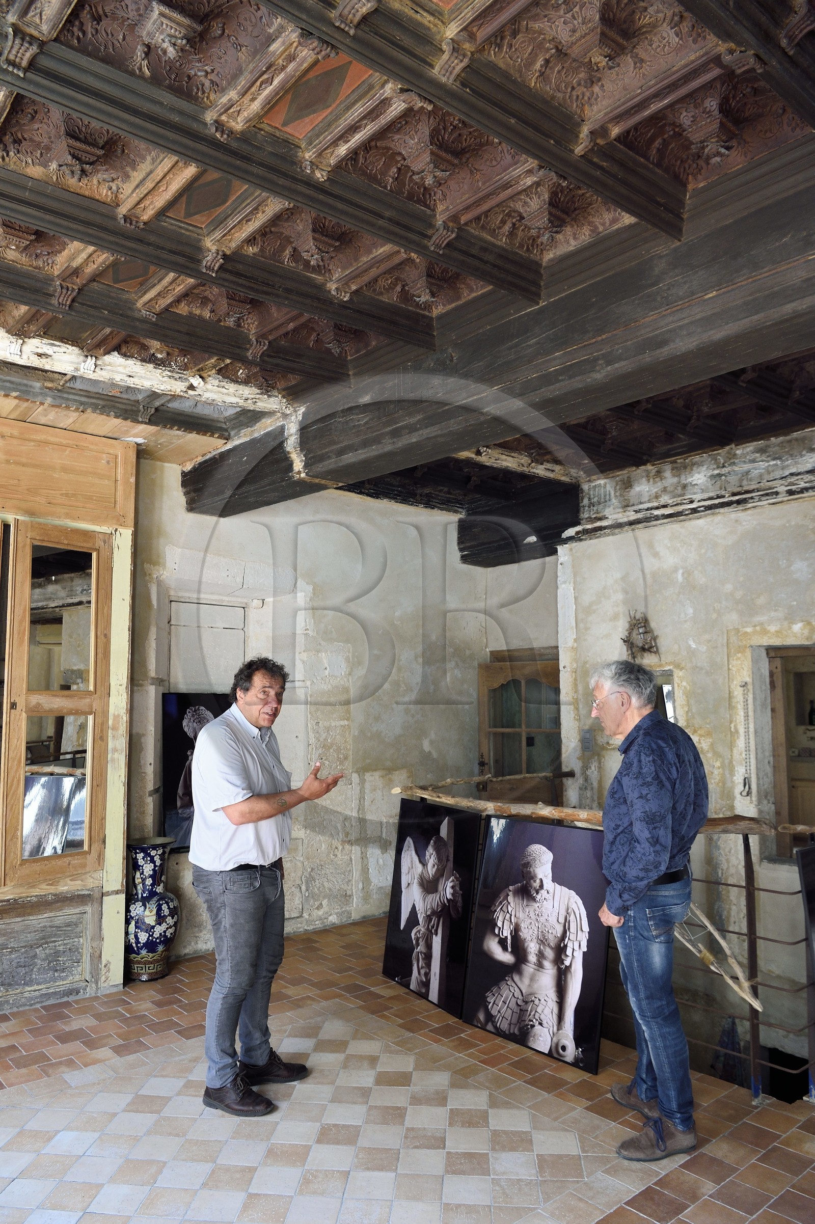 France, Meuse, Saint Mihiel, house of the Renaissance sculptor Ligier Richier, terracotta carved coffered ceiling with geometric decoration (towards 1540), Francis Rembert owner of the house on the left